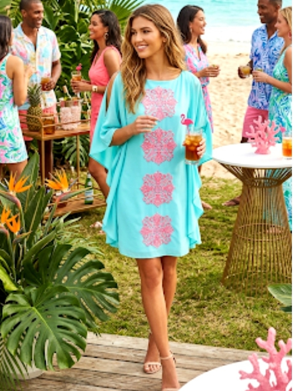 Lilly Pulitzer Marguerite Caftan Dress Crystal Water Flamingo Size XS